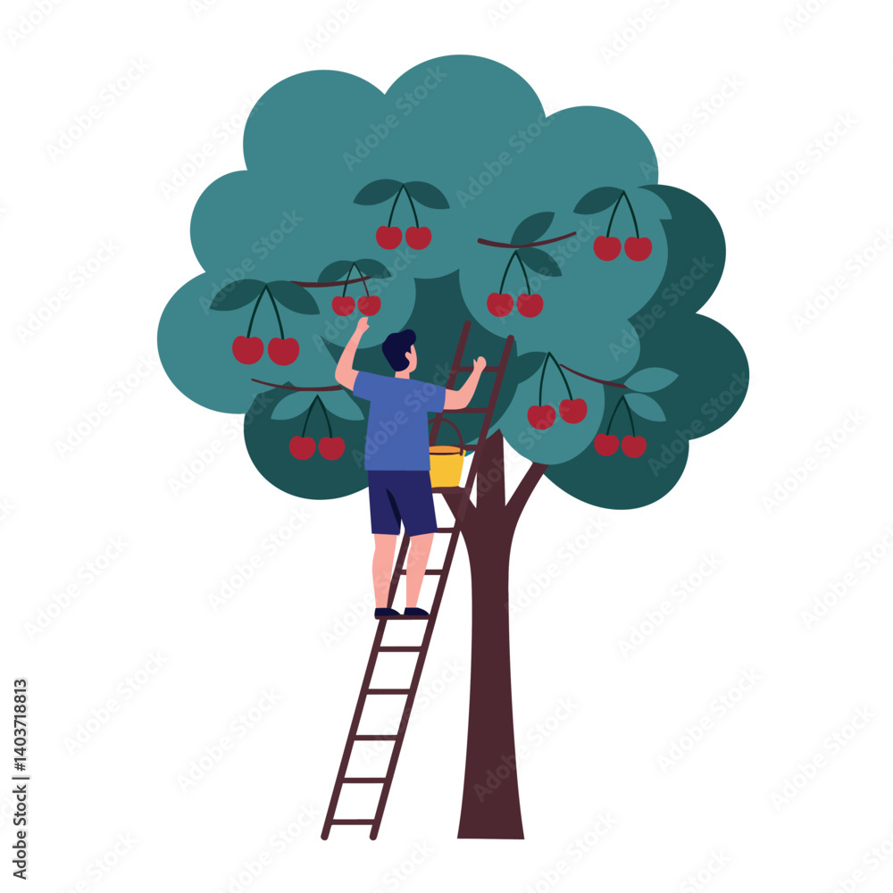 Poster man picking cherries from tree in flat and colorful vector art