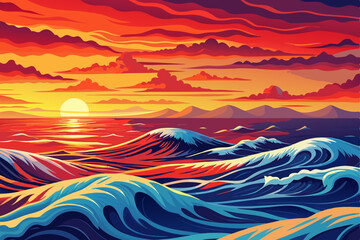 sunset over the sea with little waves and beautiful clouds , ocean cartoon landscape
