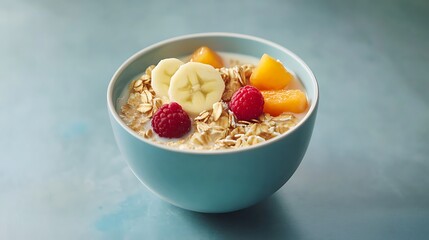 A vibrant bowl of oatmeal topped with fresh fruit, perfect for a healthy and delicious breakfast or snack. Enjoy this colorful and nutritious meal!