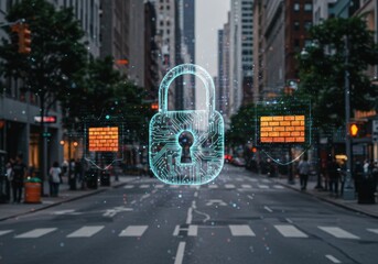 Cybersecurity concept on urban street with padlock overlay