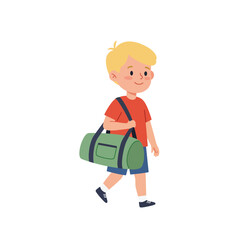 Happy young boy walking with a green bag in flat vector art style