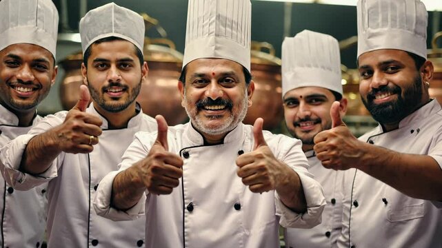 Portrait of a team of smiling chefs in white uniforms and high hats giving a thumbs up in a professional kitchen, demonstrating teamwork, confidence and culinary pride.