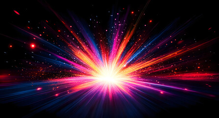 Vibrant, colorful light streaks radiate from a bright central point against a deep dark background, creating an abstract explosion of light.
