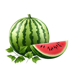 Fresh watermelon with green leaves isolated on a Transparent background for summer and fruit-themed designs, watermelon with leaf isolated on PNG background