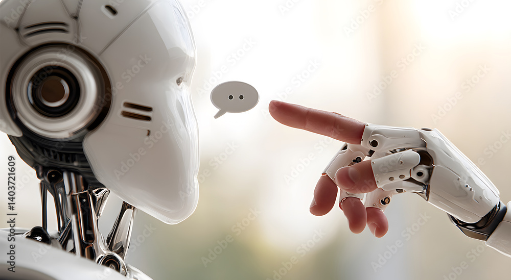 Poster human-like robotic hand pointing to a robot's face, signifying communication or interaction between 