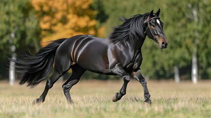 Obraz premium Running Black Horse In Autumn Field