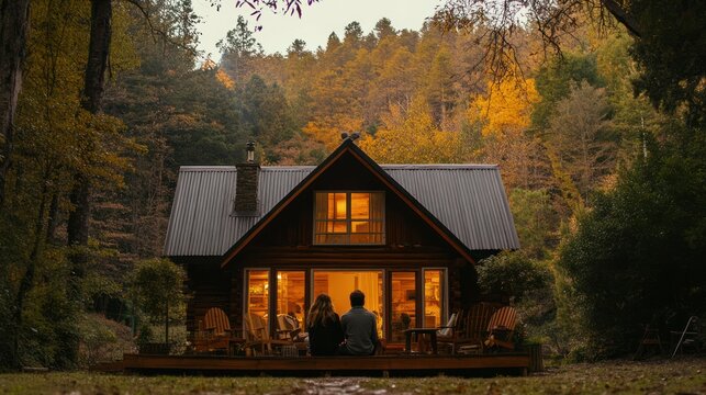 Weekend getaway: A couple enjoying a romantic weekend getaway at a cozy cabin in the woods