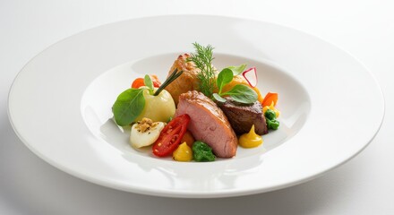 Elegant plate presentation featuring meat vegetables and sauce on a white background.
