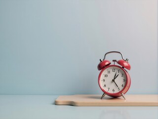 赤色のレトロな目覚まし時計が木製ボードに置かれ 鮮やかなブルーの背景 時間の概念を表現