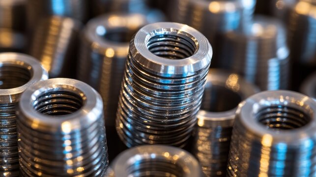 Close-up of metallic threaded inserts in a workshop setting.