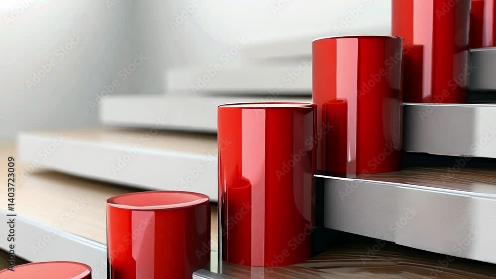 Aufkleber A series of red cylindrical shapes are positioned on a sleek wooden staircase, highlighting the modern architecture and unique design elements of the space.