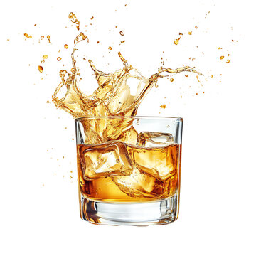 Golden whisky or rum splash with liquid droplets, isolated transparent background