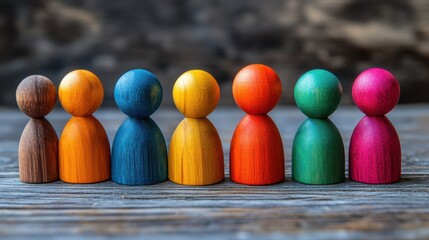 Naklejka premium Colorful wooden figures arranged in a line on a rustic surface.
