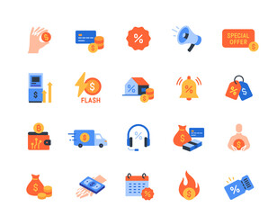 Set of money related icons. Colorful signs with crypto wallet, cash, sale, coupon, mortgage and credit card. Design elements for app. Flat vector illustration collection isolated on background