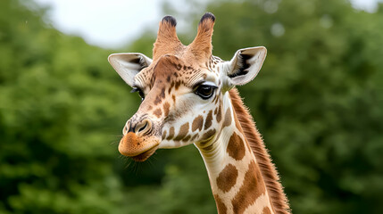 Obraz premium Close Up Portrait of a Giraffe in a Lush Green Setting