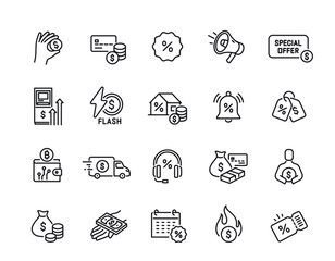Set of money related line icons. Simple symbols with shopping, mortgage, discount coupon, credit card, cash and ATM. Editable stroke. Outline vector illustration collection isolated on background