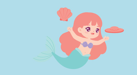 Cute playful mermaid character in flat design style swimming with shell and coral vector art
