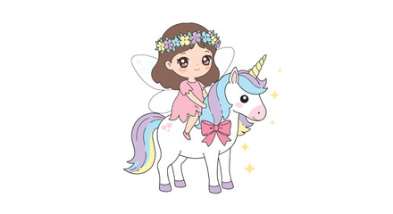 Fototapeta premium Cute girl riding a unicorn with colorful hair in flat vector art style vector illustration