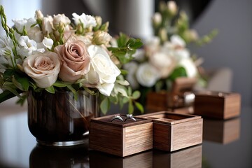 Fototapeta premium Wedding rings in a wooden box and a bouquet with roses. AI generated image
