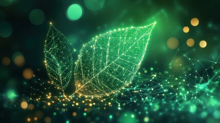 Digital leaves with glowing network connections.