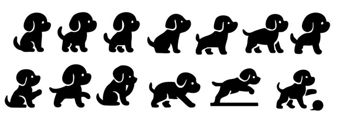 Naklejka premium A sequence of playful black silhouette dogs in various poses, showcasing their movements and agility.