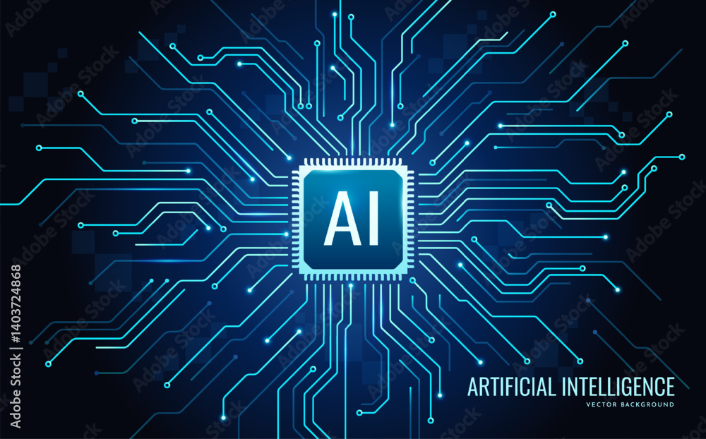 Poster banner with ai microchip. tech blue background with artificial intelligence on motherboard, cpu proc