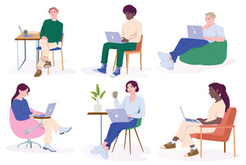 Set of remote workers. Happy male and female freelancers or employees doing tasks on laptop while sitting in home office workspace. Flat vector illustration collection isolated on background