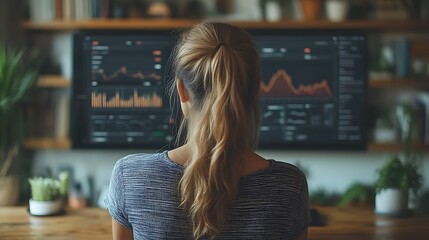 Woman analyzing stock market data on large monitor.