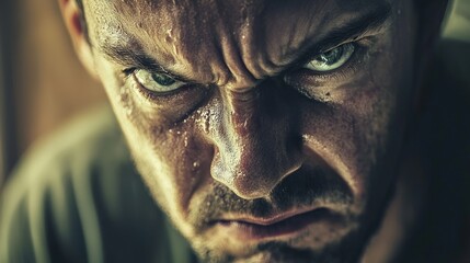 Intense Close-Up of Angry Person with Deep Expressions and Sweat
