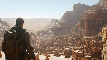 Soldier Surveys Pixelated Desert Ruins