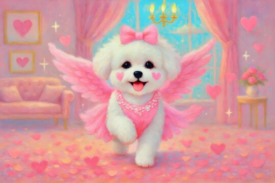 ビションフリーゼが天使翼とドレスを着てプリンセスシャンデリアルームで嬉しそうなピンク油絵イラスト
