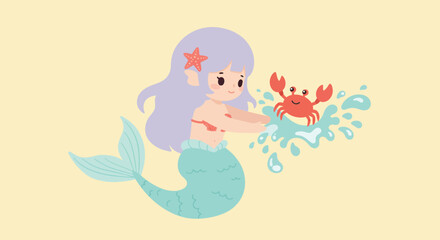 Cute mermaid interacting with playful crab in flat vector illustration style