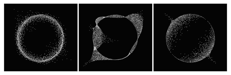 Set of white dotted abstract shapes. Stipple disintegrating curved circles on black background. Halftone textured spheres with dispersing particles. 3D vector isolated illustration collection