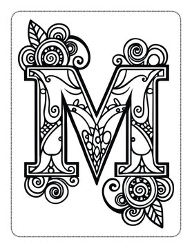 Intricate letter M black and white coloring page