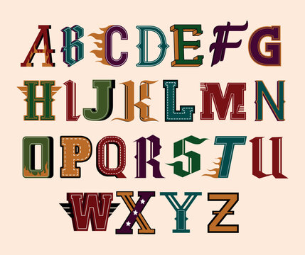 Varsity athletic letters. Vintage retro alphabet letters for patches, sport print and embroidery. Design elements for typography. Flat vector illustration collection isolated on background