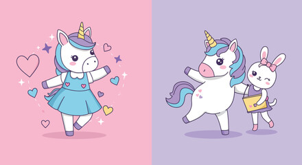 Cute unicorn character dancing in a flat, colorful style vector art