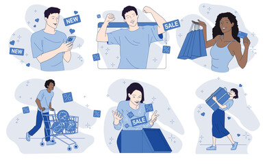 Online shopping. Set of scenes of happy men and women making purchases on Internet, ordering home delivery and spending money on sales. Flat vector illustration collection isolated on background