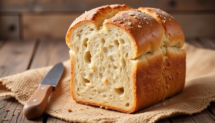 Freshly baked crusty farmhouse bread on rustic table, culinary delight