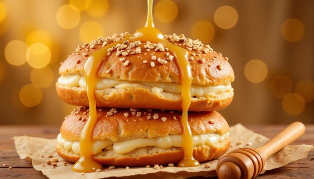 Delicious baghrir drizzled with honey against golden backdrop, indulgence