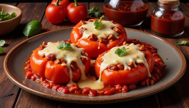 Festive rocoto relleno with melted cheese and tomato sauce, culinary delight