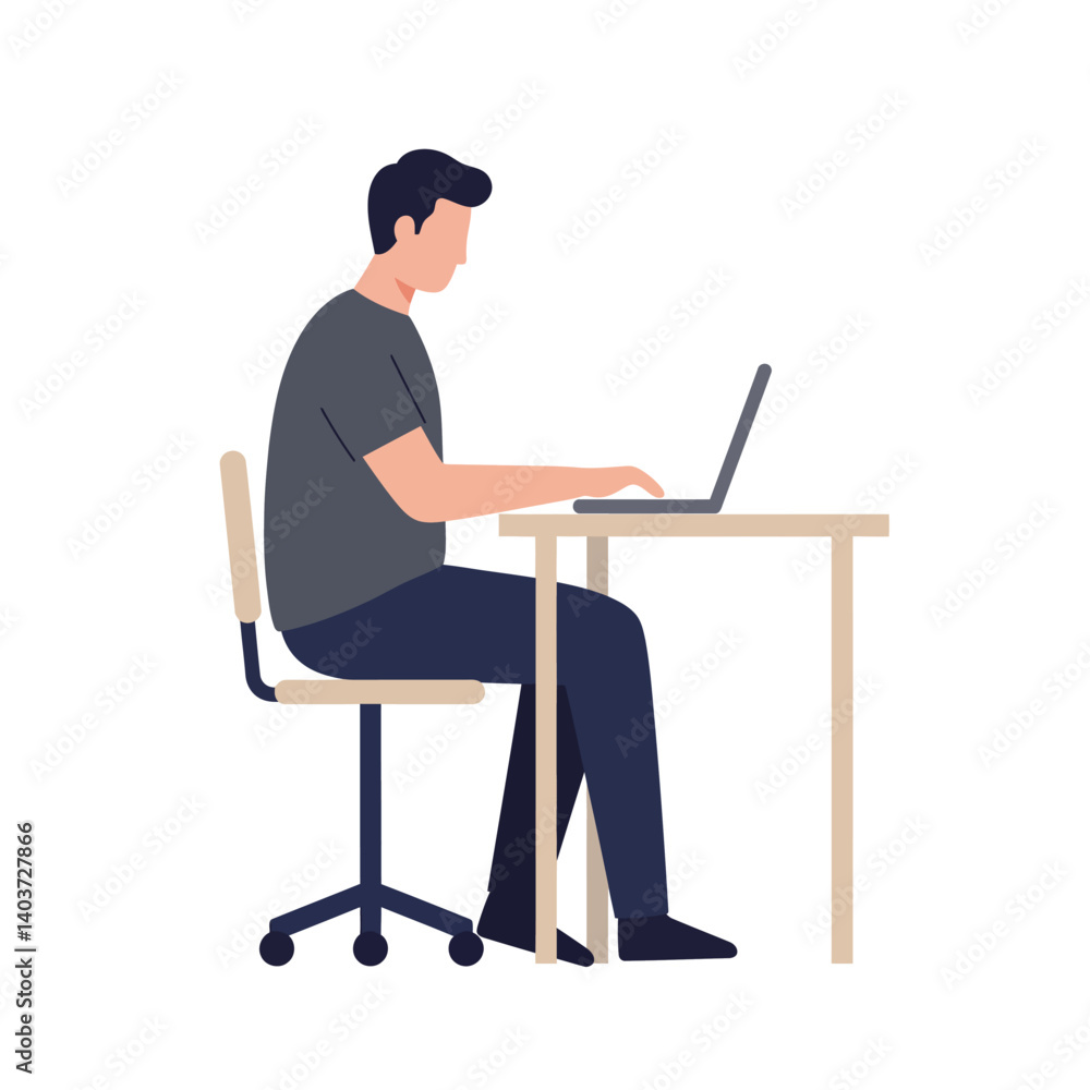 Poster man sitting at desk using laptop in flat vector art