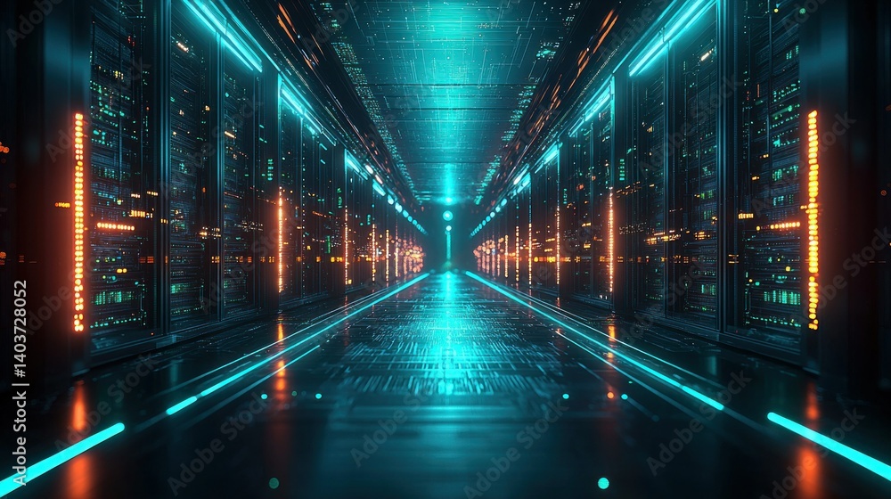 Poster futuristic server room: neon lights and data streams
