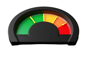 3d Speedometer icon. Minimal Status Speedometer with arrow scale gauge. Green, Yellow, Orange, Red Status color or low, medium, high arrow scale performance status icon. Credit rating score. 3d render