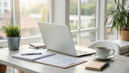 A clean, modern office desk setup featuring a opened laptop, a notepad with handwritten notes. cup of coffee on laptop
