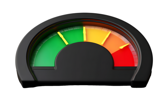 3d Speedometer icon. Minimal Status Speedometer with arrow scale gauge. Green, Yellow, Orange, Red Status color or low, medium, high arrow scale performance status icon. Credit rating score. 3d render