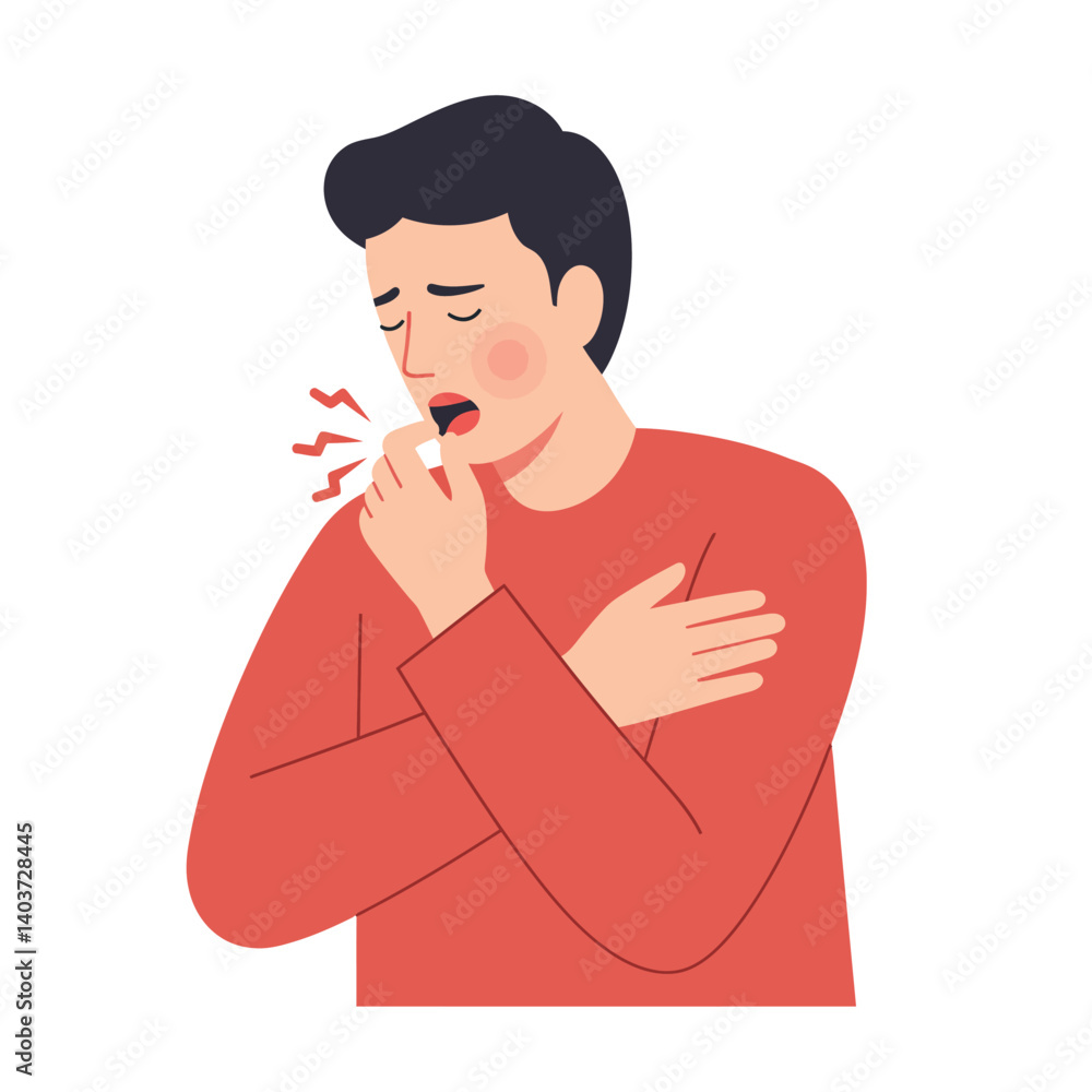 Poster man experiencing discomfort in flat minimal vector art style showing two frames of pain expression v