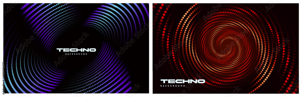 Aufkleber set of dotted techno backgrounds. futuristic abstract banners with iridescent gradient shapes and sw