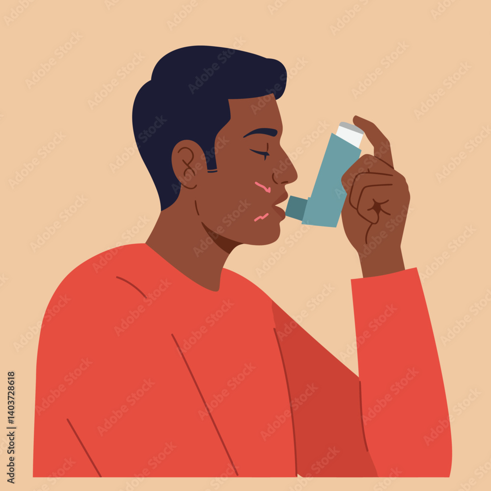 Poster man using inhaler for asthma relief in flat design vector art