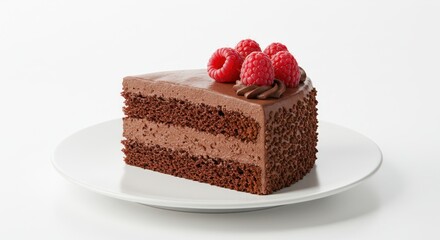 Chocolate cake slice with raspberries on a white plate against white background.