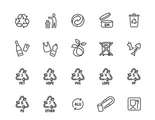 Universal recycling line icons set. Simple symbols with household waste, plastic, trash bins for sorting and reuse signs. Editable stroke. Outline vector illustration collection isolated on background